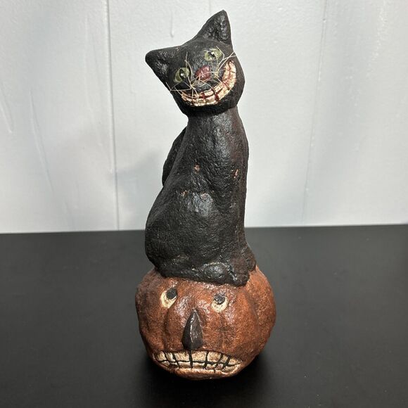 Primitive Black Cat Smiley Whiskers Sculpture w/ Pumpkin Paper Mache Figure - Picture 7 of 9